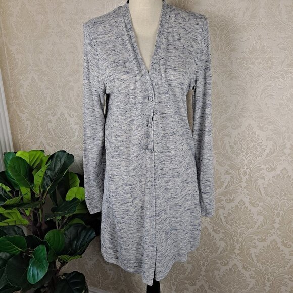 J Jill Size Medium Blue/White Marled 3 Button Long Cardigan Linen Blend EUC - Picture 1 of 11